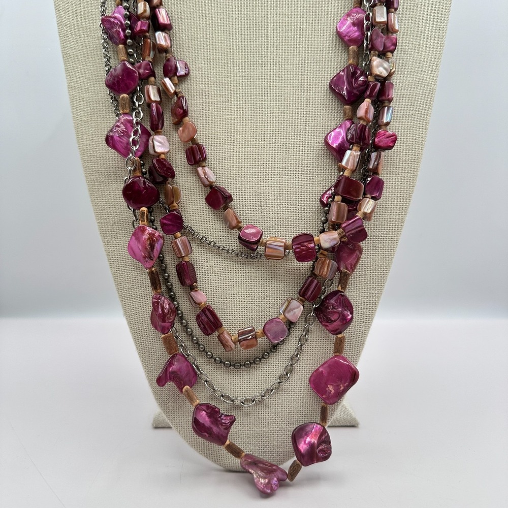 Vintage 90s Multi-Strand Shell Beads Boho Statement Necklace